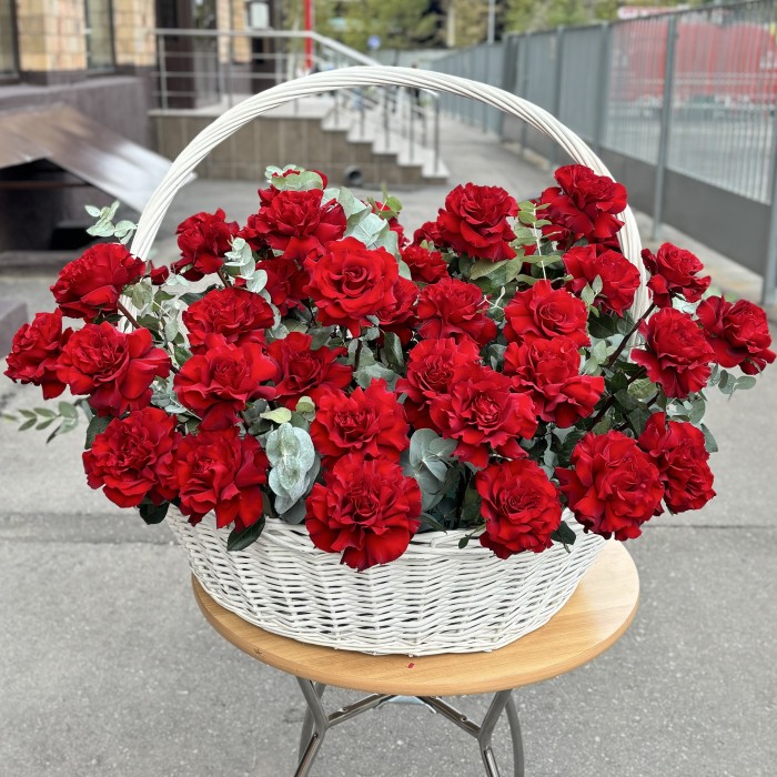 51 пышная красная роза Хартс в корзине