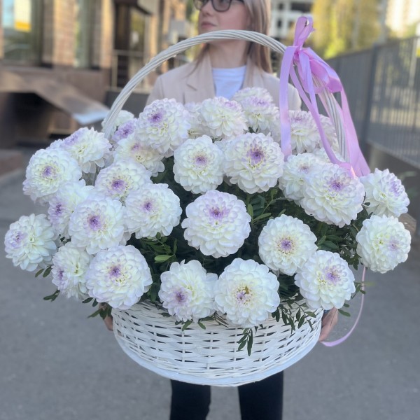 51 бело-сиреневая георгина в корзине