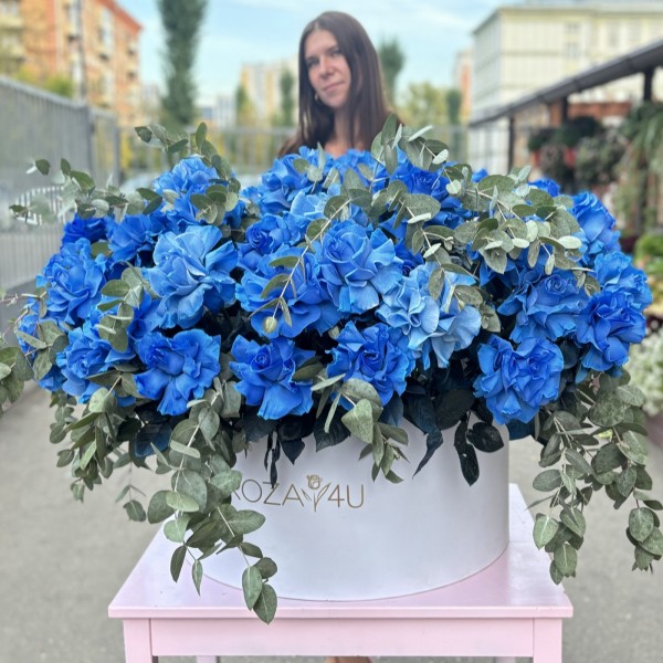 51 пышная голубая роза с эвкалиптом в коробке