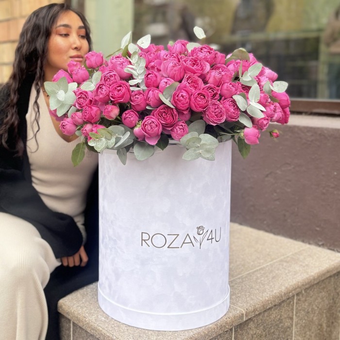 51 кустовая пионовидная роза Мисти Баблс в бархатной коробке