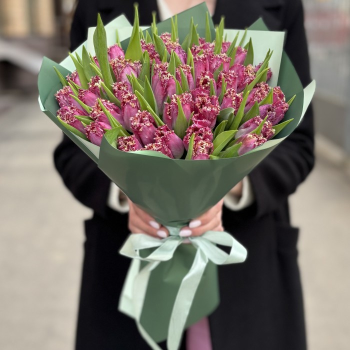 51 махровый темно-розовый тюльпан в упаковке