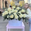 51 пышная белая роза Мондиаль с эвкалиптом в коробке