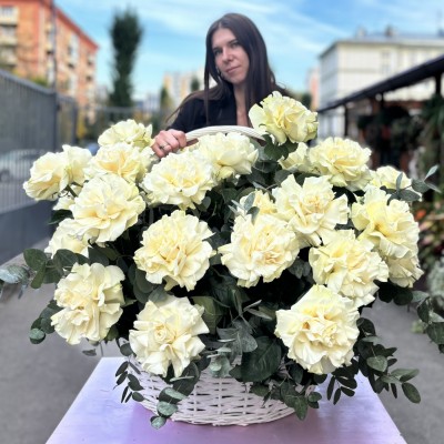 51 пышная роза Мондиаль с эвкалиптом в корзине