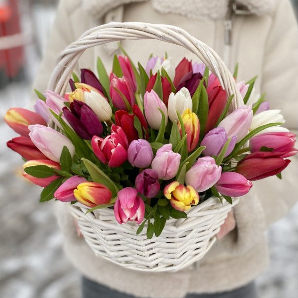 Яркий микс из 51 тюльпана в корзине
