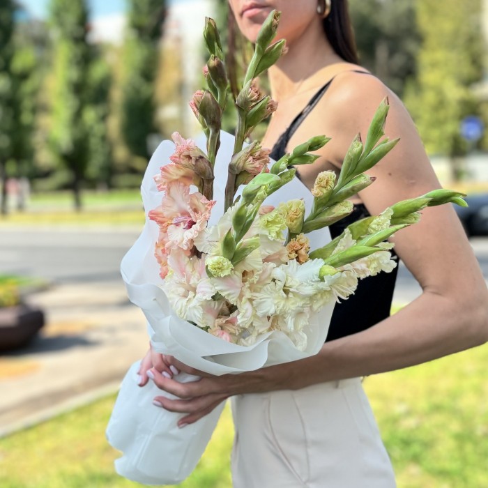 5 бело-розовых гладиолусов