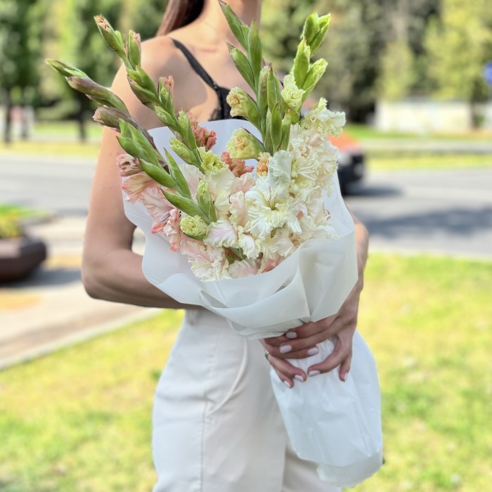 5 бело-розовых гладиолусов