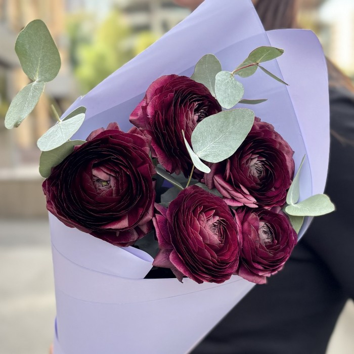 5 фиолетовых ранункулюса с эвкалиптом