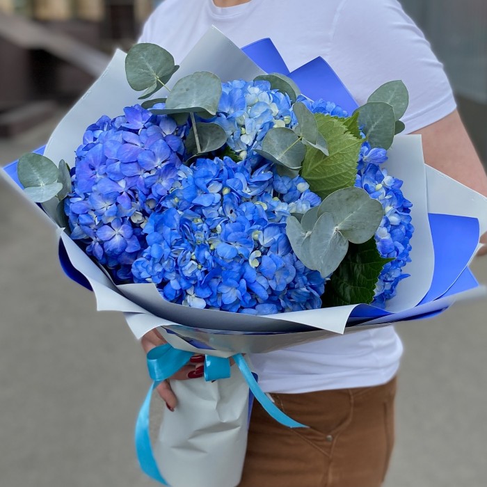 5 гортензий Блю Шокинг с эвкалиптом