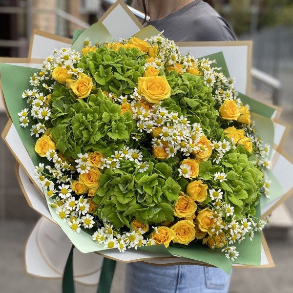 5 гортензий Дарк Грин с кустовой розой