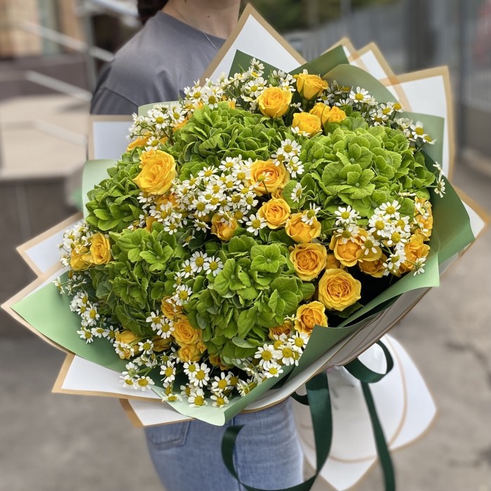 5 гортензий Дарк Грин с кустовой розой