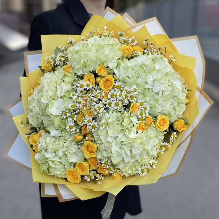 5 гортензий Лайм Грин с кустовой розой