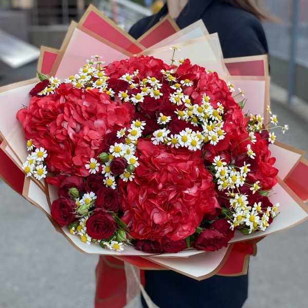 5 красных гортензий с кустовой розой