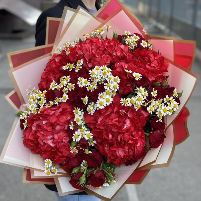 5 красных гортензий с кустовой розой