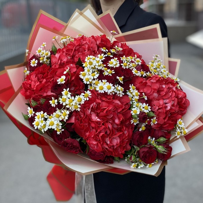 5 красных гортензий с кустовой розой