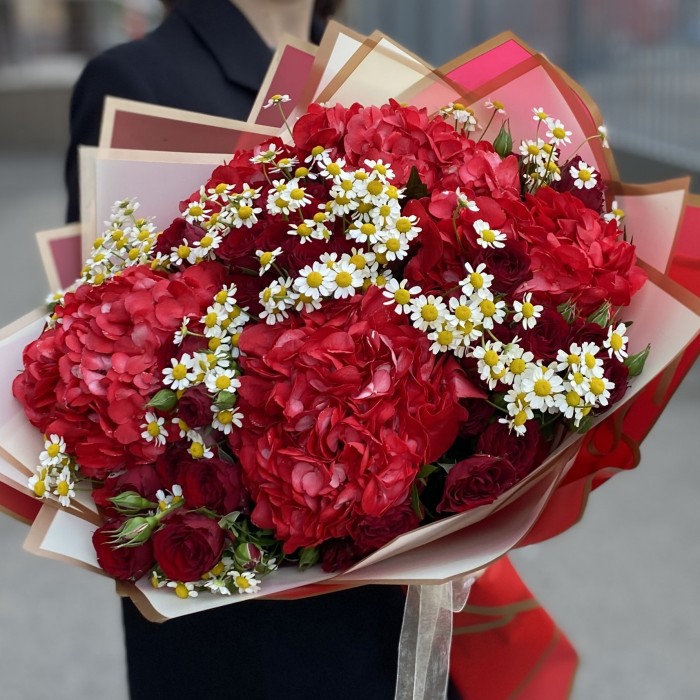 5 красных гортензий с кустовой розой