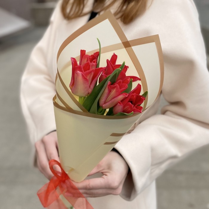 5 красных тюльпанов Ред Дресс в упаковке