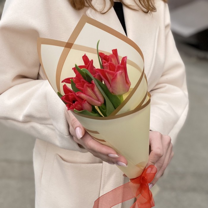 5 красных тюльпанов Ред Дресс в упаковке