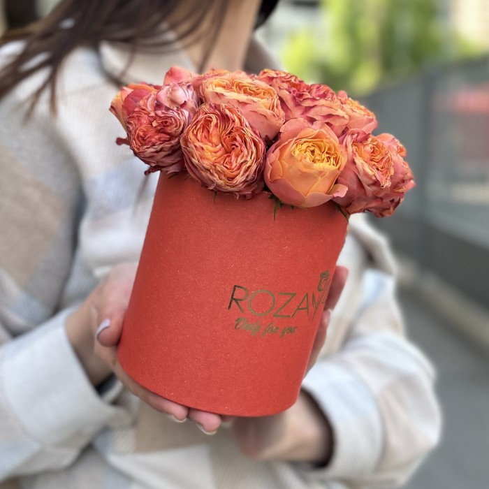 5 кустовых пионовидных оранжевых роз Ля Мандарин в коробке