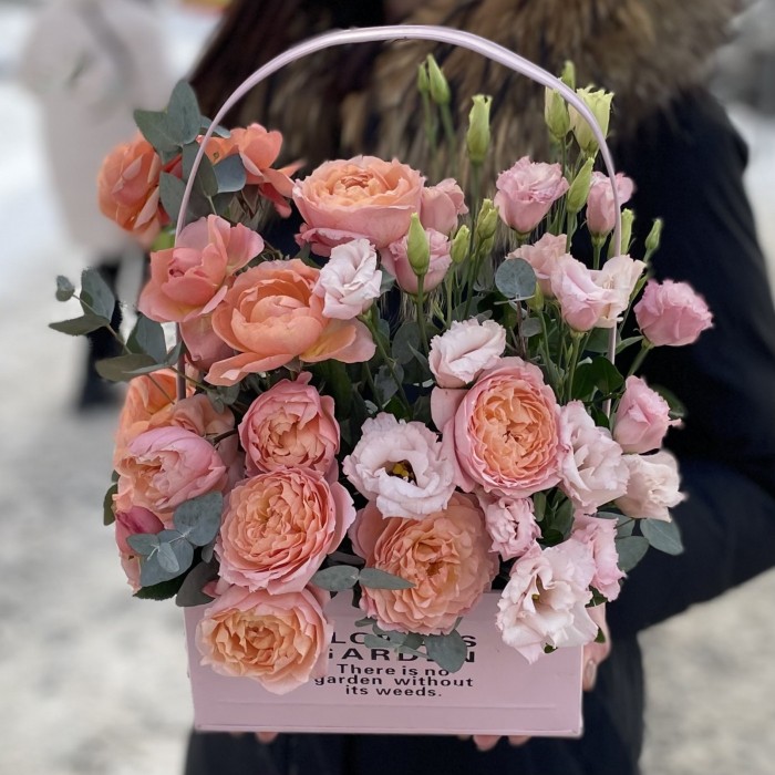 5 кустовых пионовидных роз Джульетта в кашпо