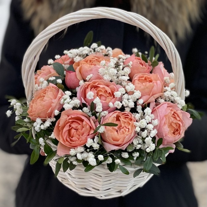5 кустовых пионовидных роз Джульетта в корзине с гипсофилой