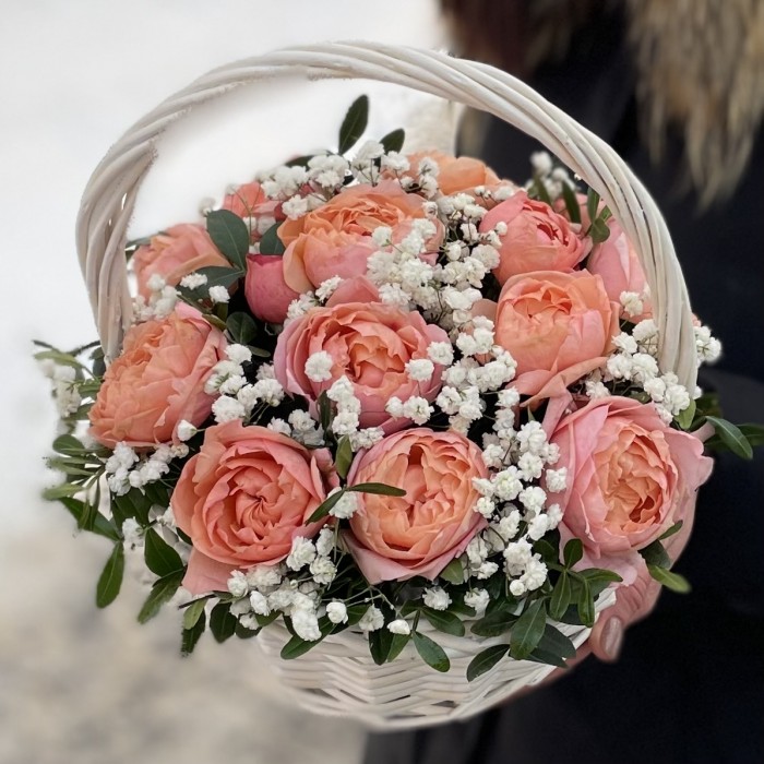 5 кустовых пионовидных роз Джульетта в корзине с гипсофилой