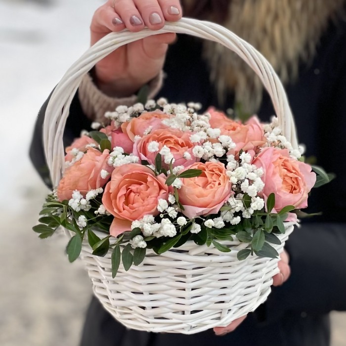 5 кустовых пионовидных роз Джульетта в корзине с гипсофилой