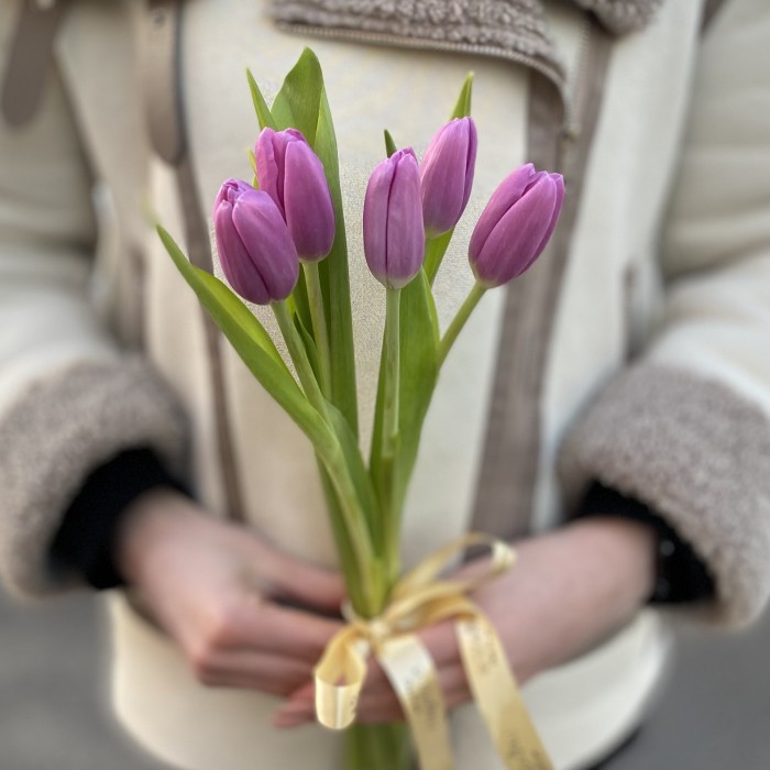 5 лиловых тюльпанов с лентой