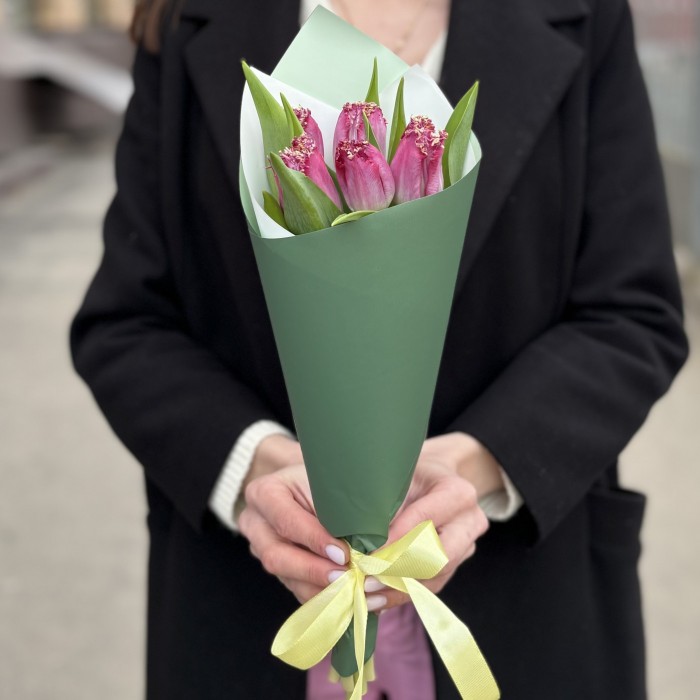 5 махровых темно-розовых тюльпанов в упаковке