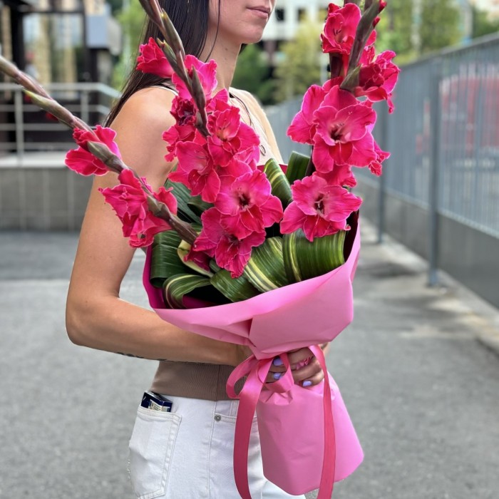 5 малиновых гладиолусов с аспидистрой