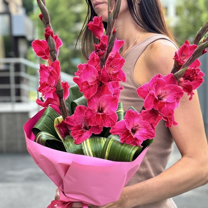 5 малиновых гладиолусов с аспидистрой