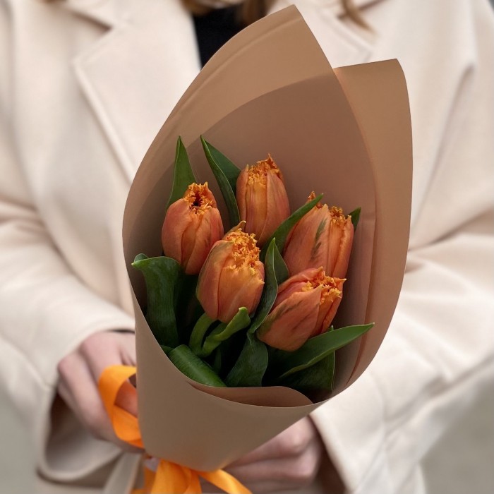 5 оранжевых махровых тюльпанов Оранж пэшн