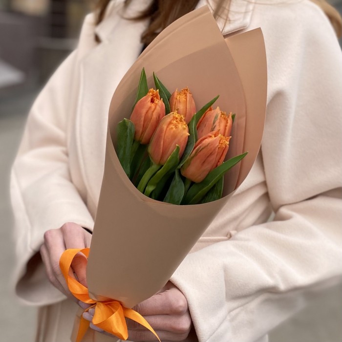 5 оранжевых махровых тюльпанов Оранж пэшн