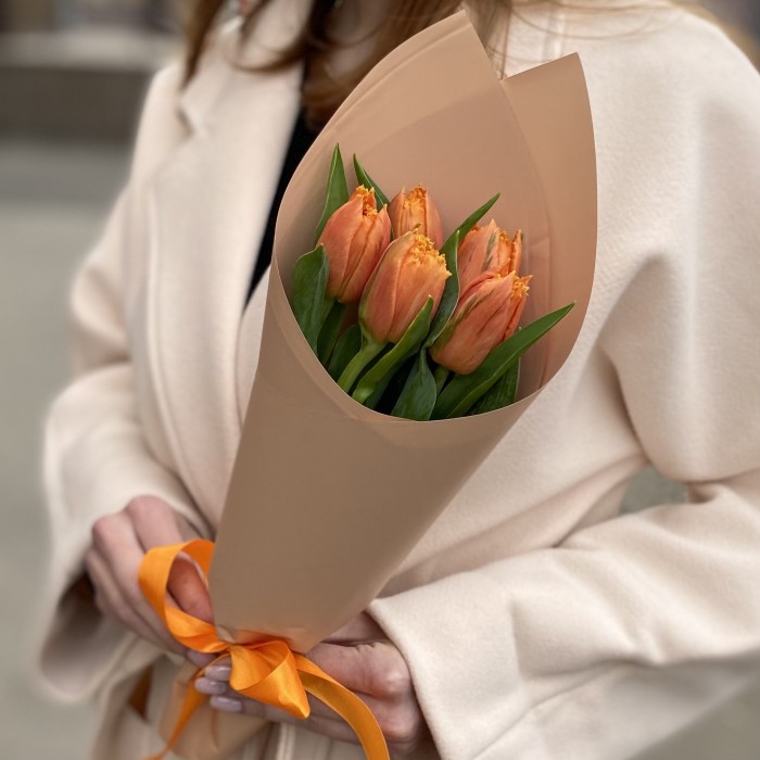 5 оранжевых махровых тюльпанов Оранж пэшн