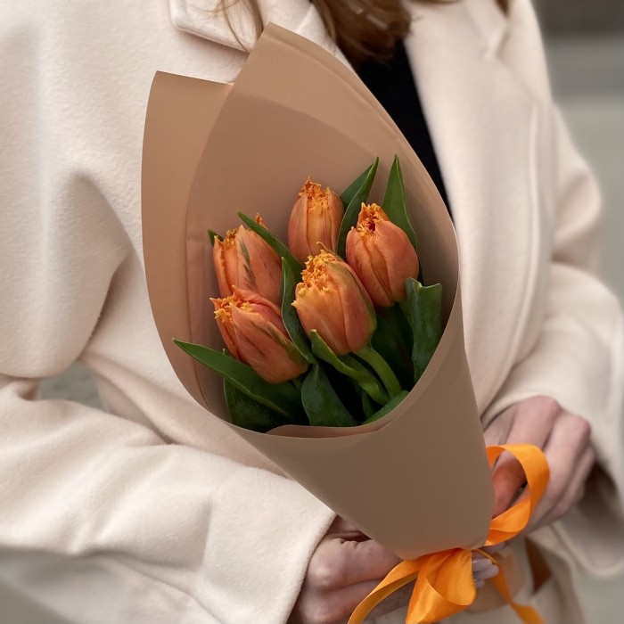 5 оранжевых махровых тюльпанов Оранж пэшн