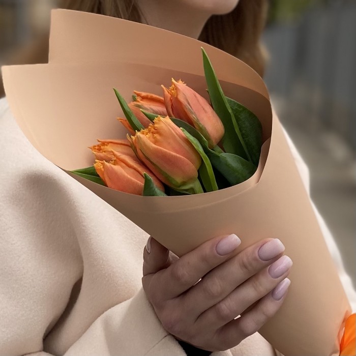 5 оранжевых махровых тюльпанов Оранж пэшн