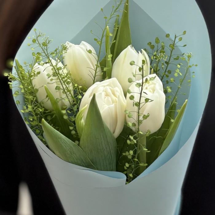 5 пионовидных белых тюльпанов с гринбелом