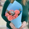 5 кораловых роз с эвкалиптом в упаковке