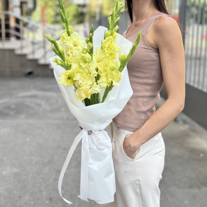 5 желтых гладиолусов