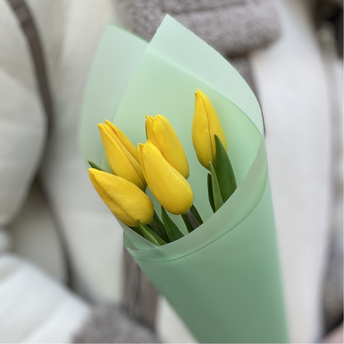 5 желтых тюльпанов в упаковке