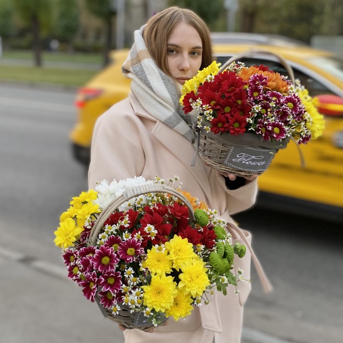 7 кустовых хризантем Яркий Mix в корзине