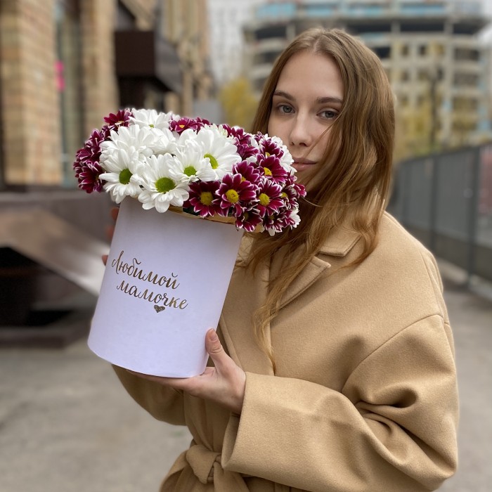 7 кустовых хризантем микс в коробке Любимой Мамочке