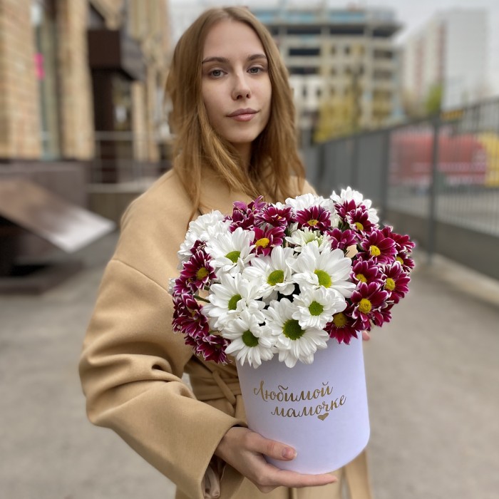 7 кустовых хризантем микс в коробке Любимой Мамочке