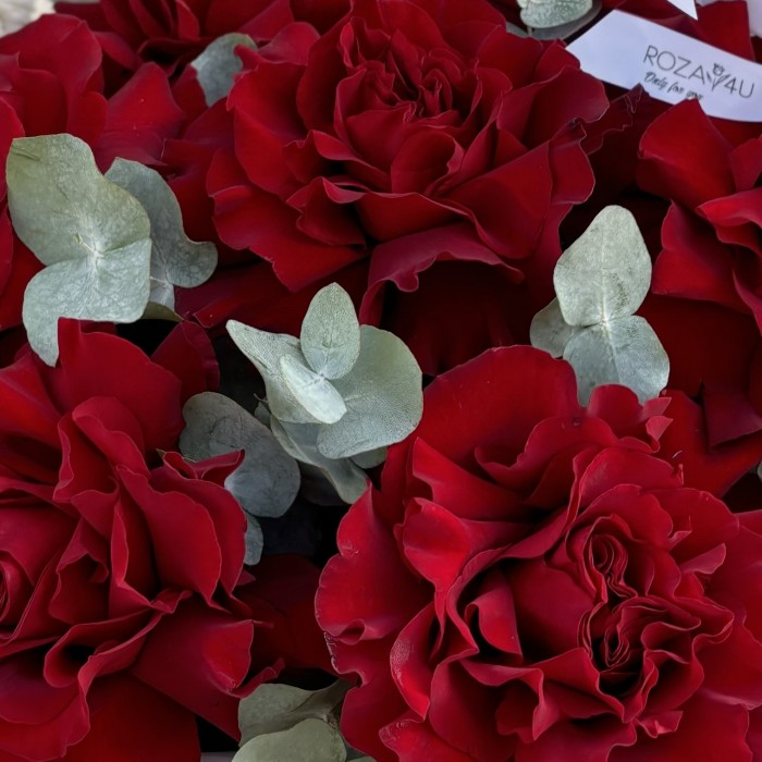 7 пышных красных роз Хартс с эвкалиптом в корзине