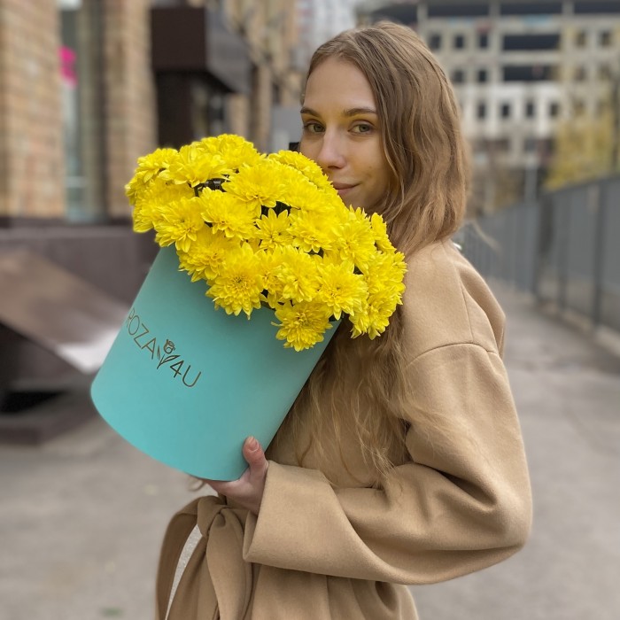 7 желтых кустовых хризантем Балтика в коробке