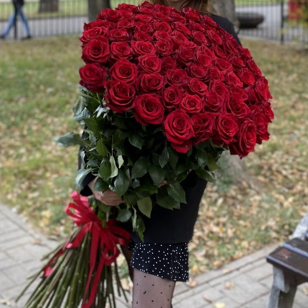 75 ароматных красных роз 130 см