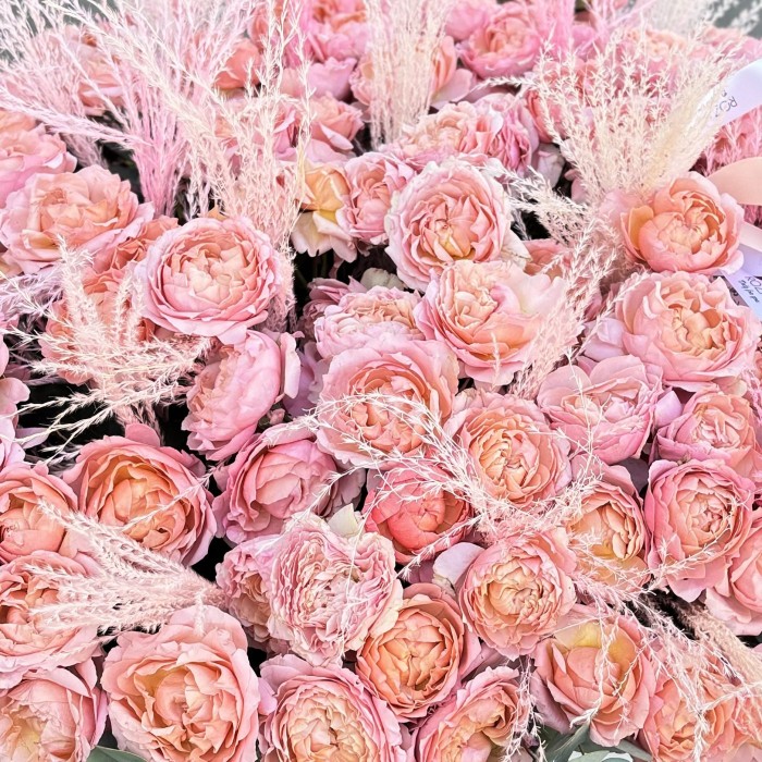 75 кустовых пионовидных роз Джульетта с ковылем в коробке