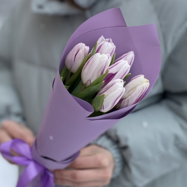 7 бело-фиолетовых тюльпанов Флеминг Флег