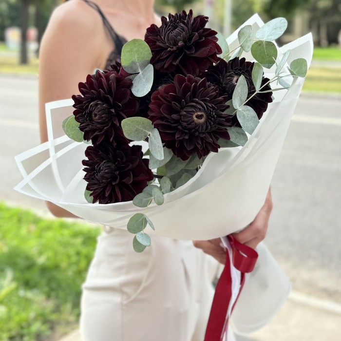 7 черных георгин с эвкалиптом