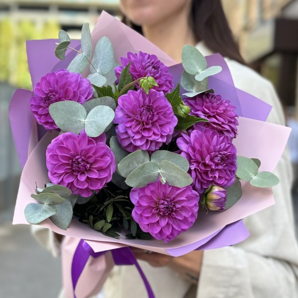 7 фиолетовых георгин с эвкалиптом