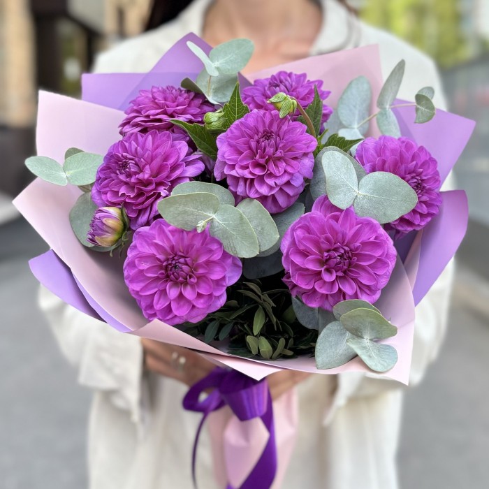 7 фиолетовых георгин с эвкалиптом